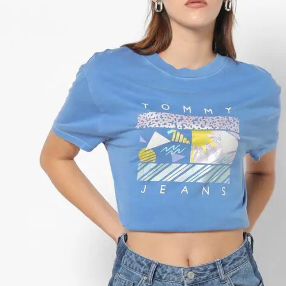 Tommy Hilfiger Tommy Jeans Oversized Crop Top Retro T-Shirt Blue Tee size Medium